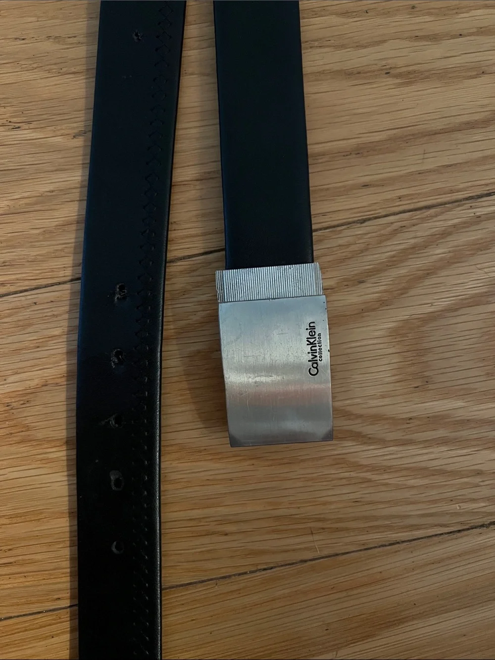 Calvin Klein Black Leather Belt with Brushed Silver Buckle